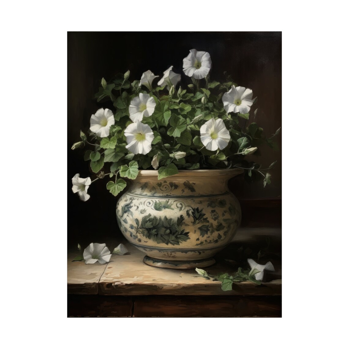White Petunias Porcelain Pot Dark Moody Floral Still Life Poster - Image 4