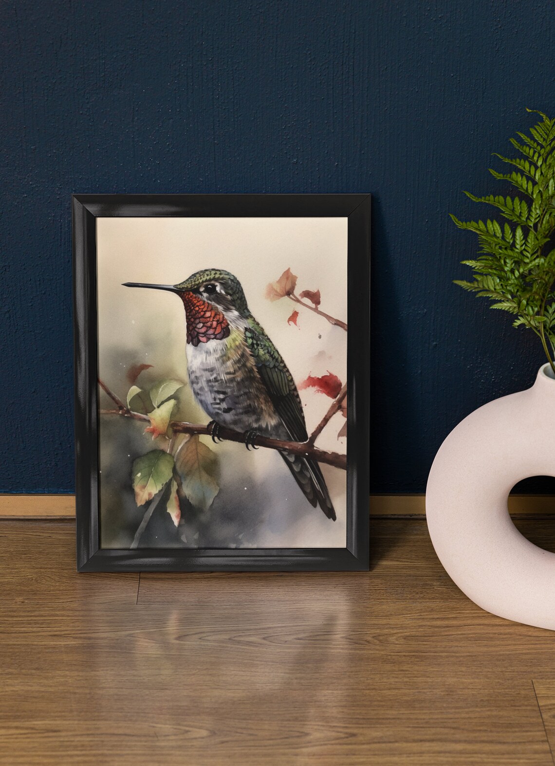 Annas Hummingbird Perched Red Gorget Watercolor Bird Portrait Poster