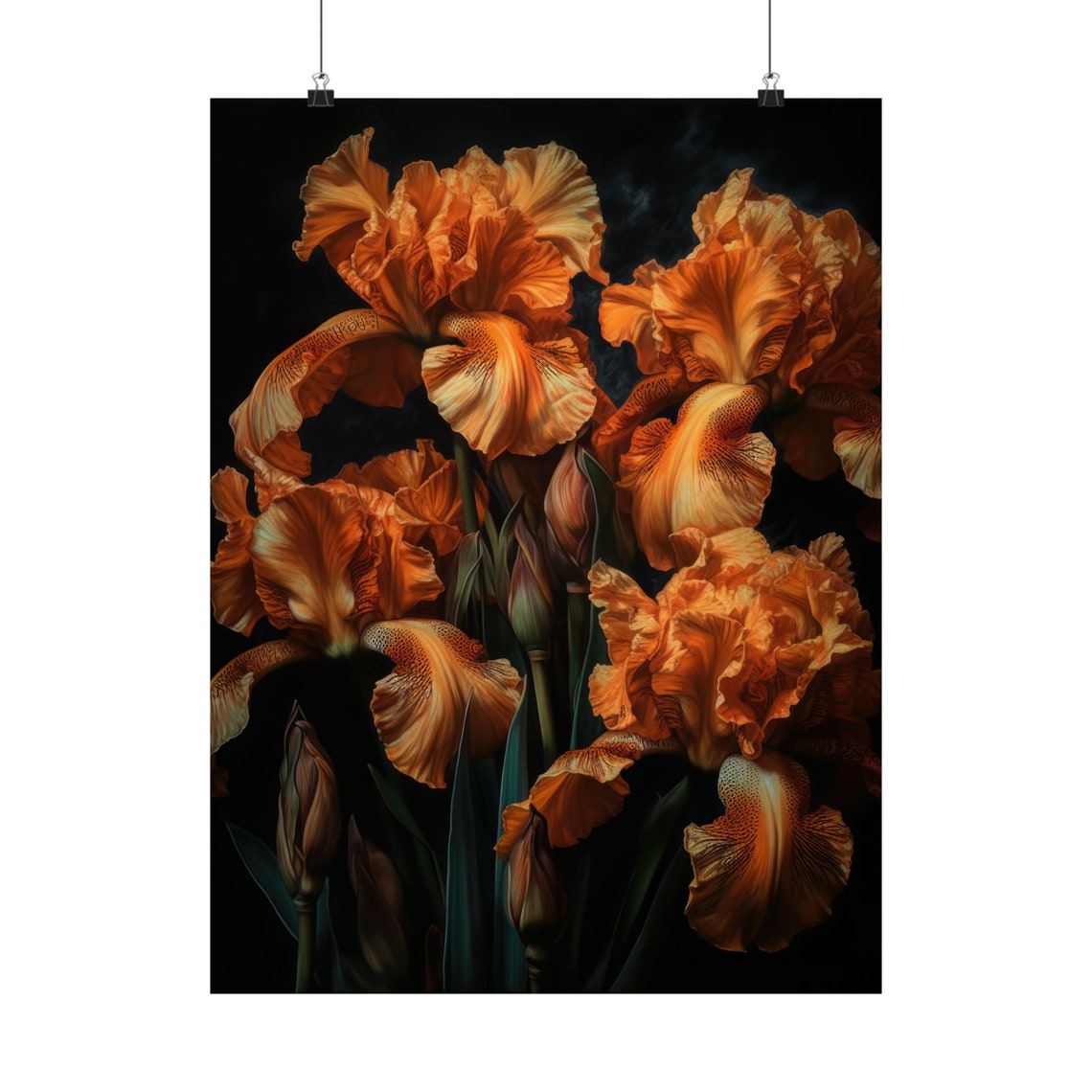 Burnt Orange Iris Blooms Dramatic Dark Botanical Wall Art Print - Image 5