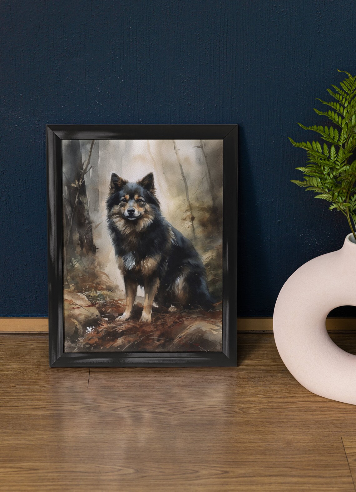 Finnish Lapphund Watercolor Portrait Sitting In Autumn Woods Art Print