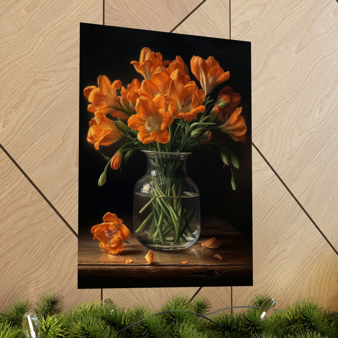 Orange Freesia Bouquet Glass Vase Still Life Floral Art Poster - Image 2
