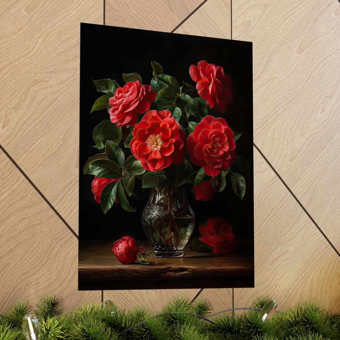 Red Camellia Blooms Dark Still Life Botanical Fine Art Poster - Image 2
