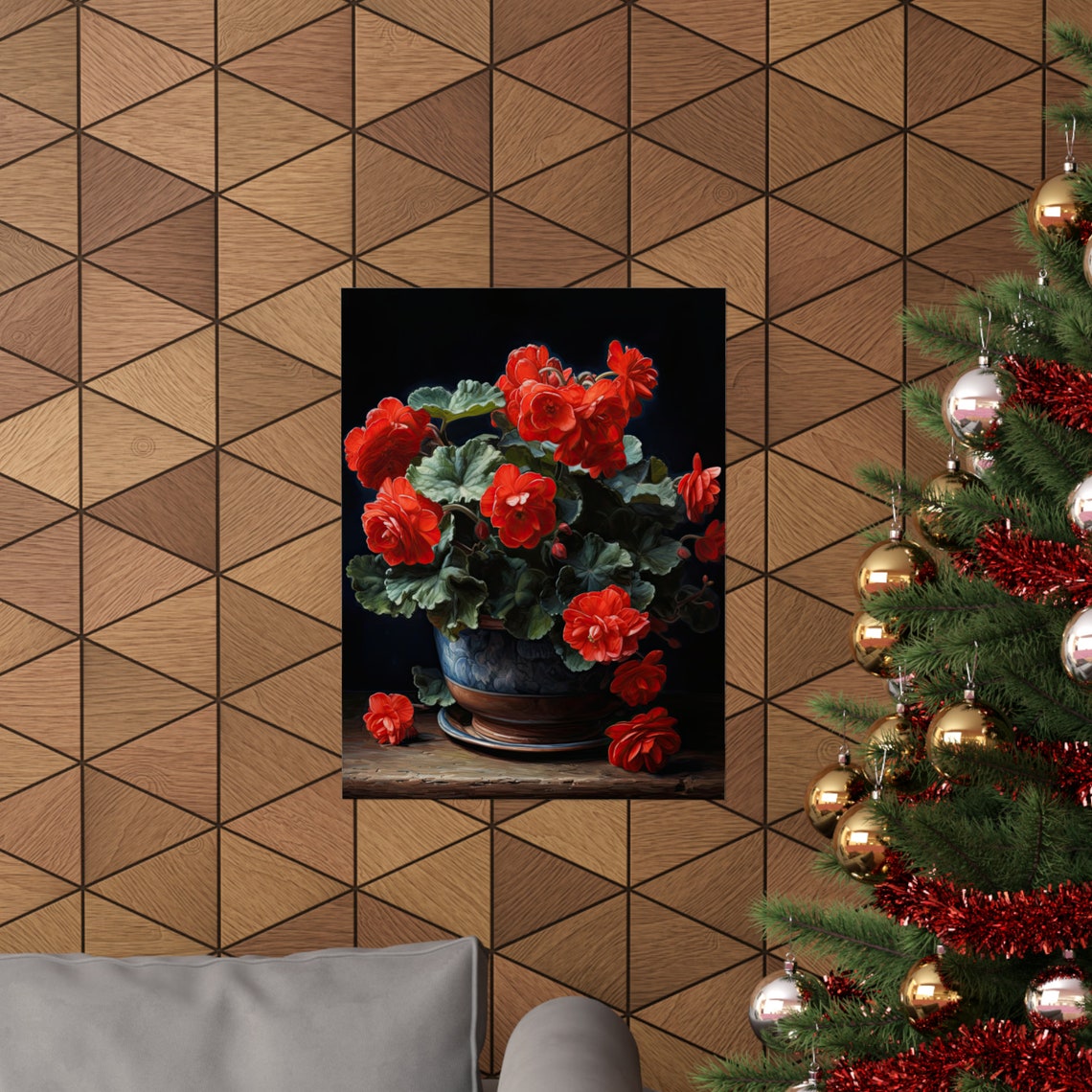 Red Begonias Blue Ceramic Planter Fallen Blooms Vintage Floral Poster - Image 3