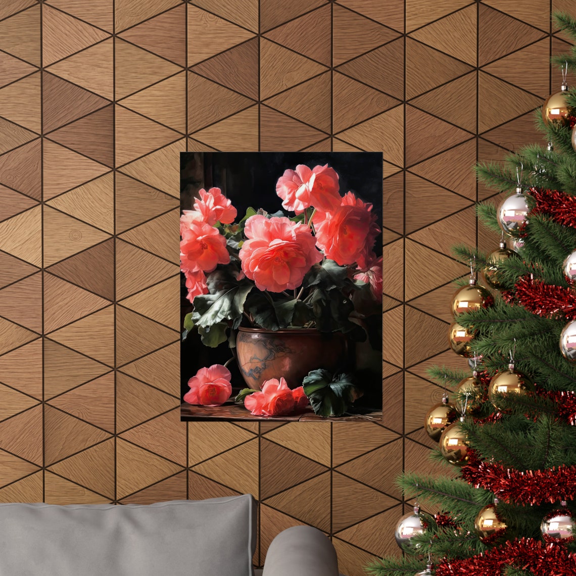 Coral Pink Begonia Potted Blooms Scattered Petals Floral Art Poster - Image 3