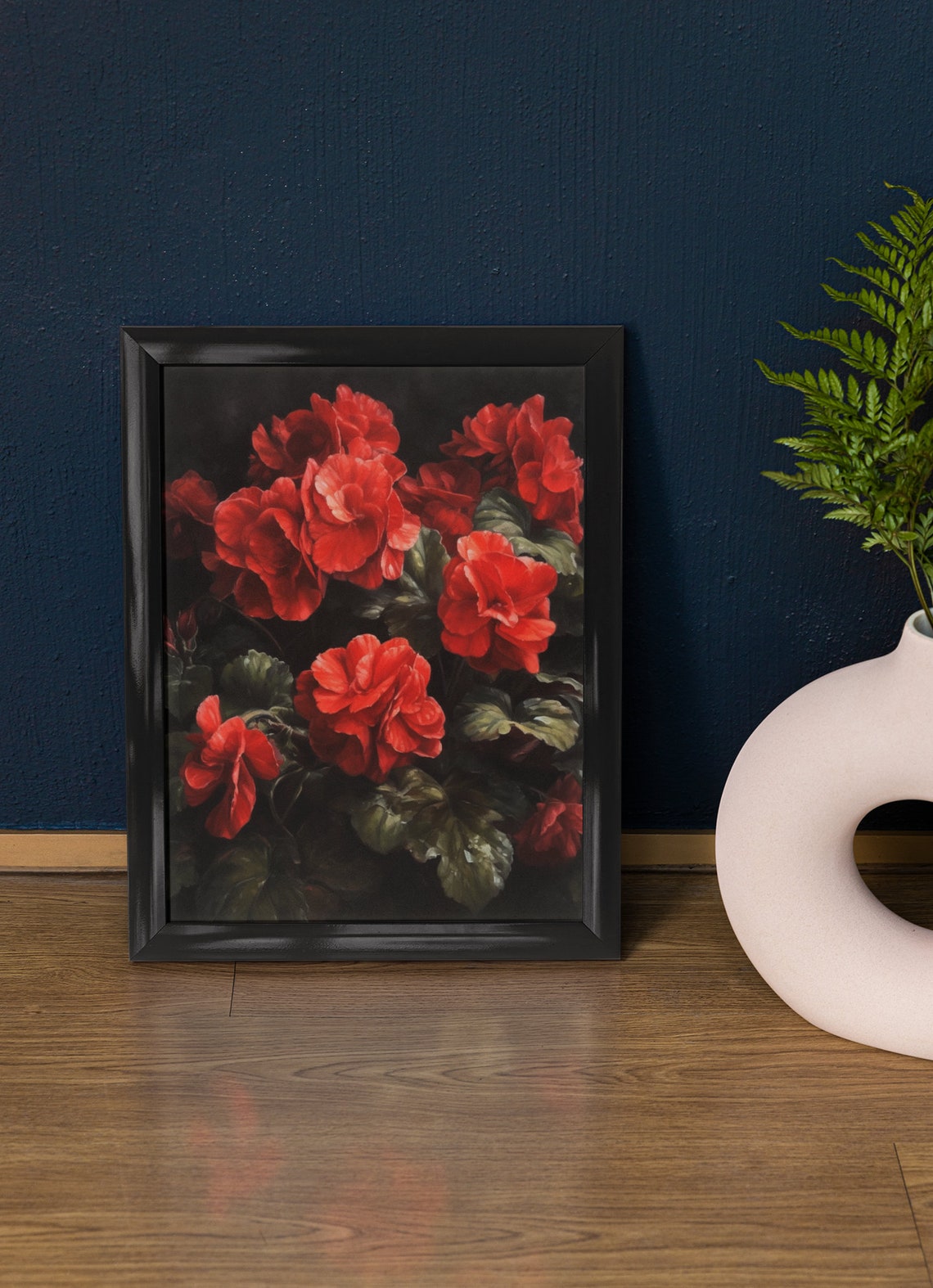 Red Begonia Dense Bloom Cluster Dark Foliage Bold Floral Art Poster