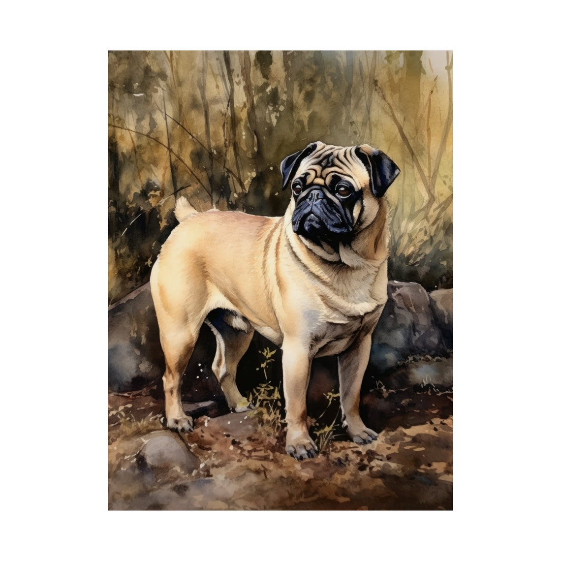 Fawn Pug Standing On Rocky Hillside Warm Watercolor Dog Portrait Print - Image 4