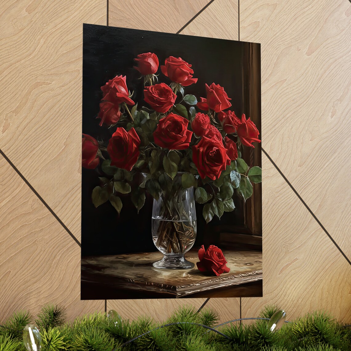 Red Rose Bouquet Crystal Goblet Vase Dark Classic Floral Art Poster - Image 2