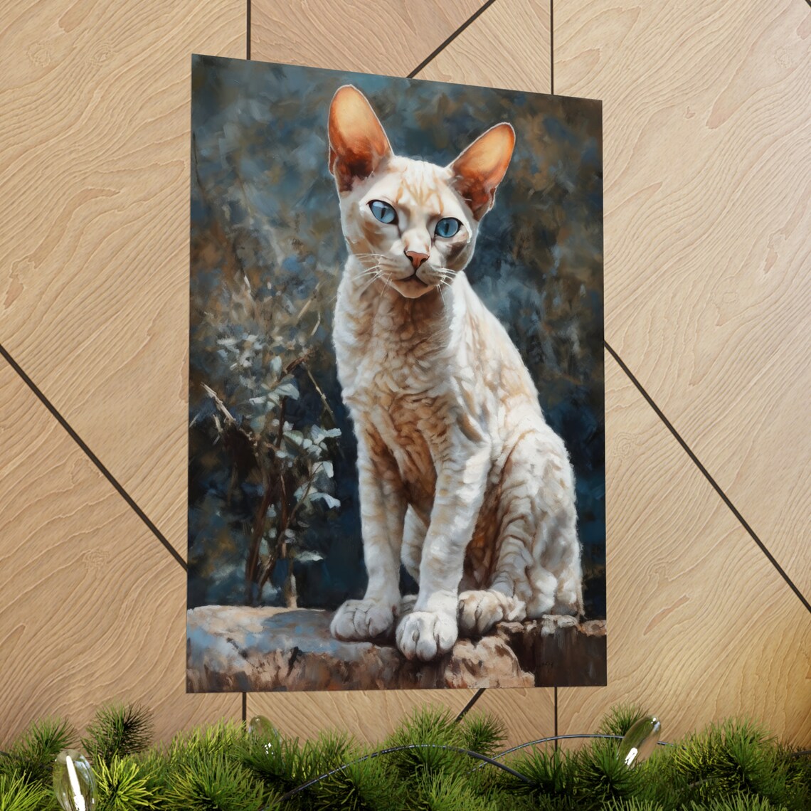 Devon Rex Cat Blue Eyes Portrait Wavy Cream Coat Rocks Feline Art Print - Image 2