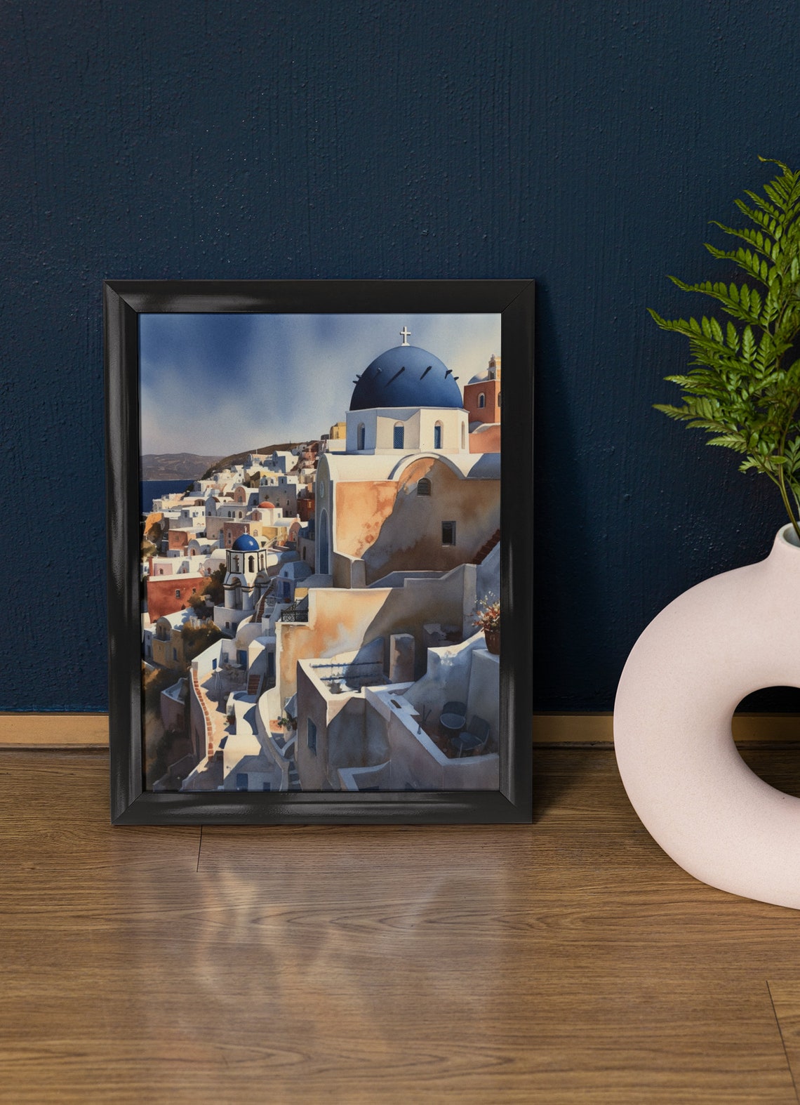 Santorini Greece Blue Dome Church Whitewashed Old Town Travel Poster