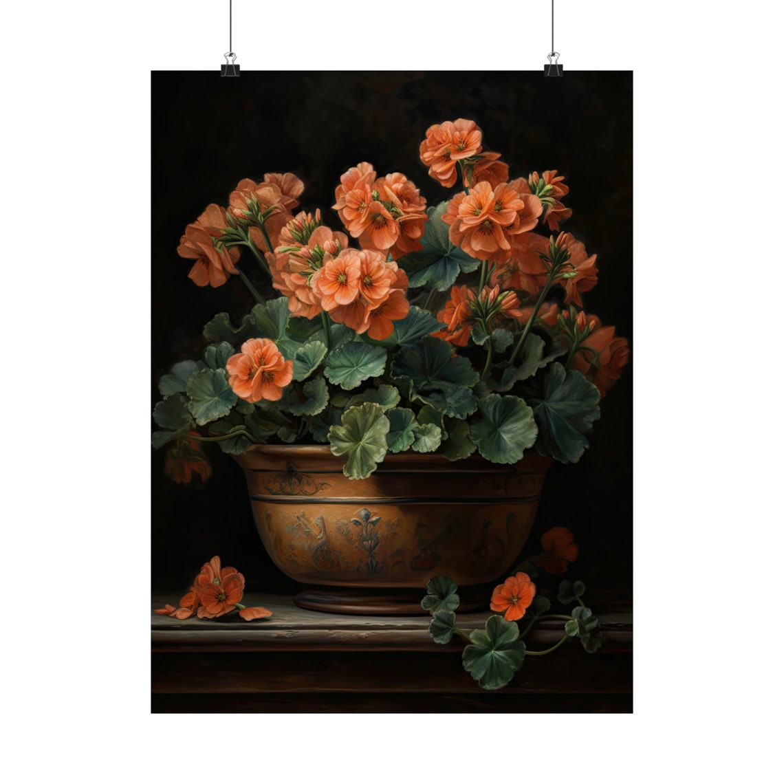 Peach Geranium Blooms Copper Pot Dark Vintage Still Life Art Poster - Image 5