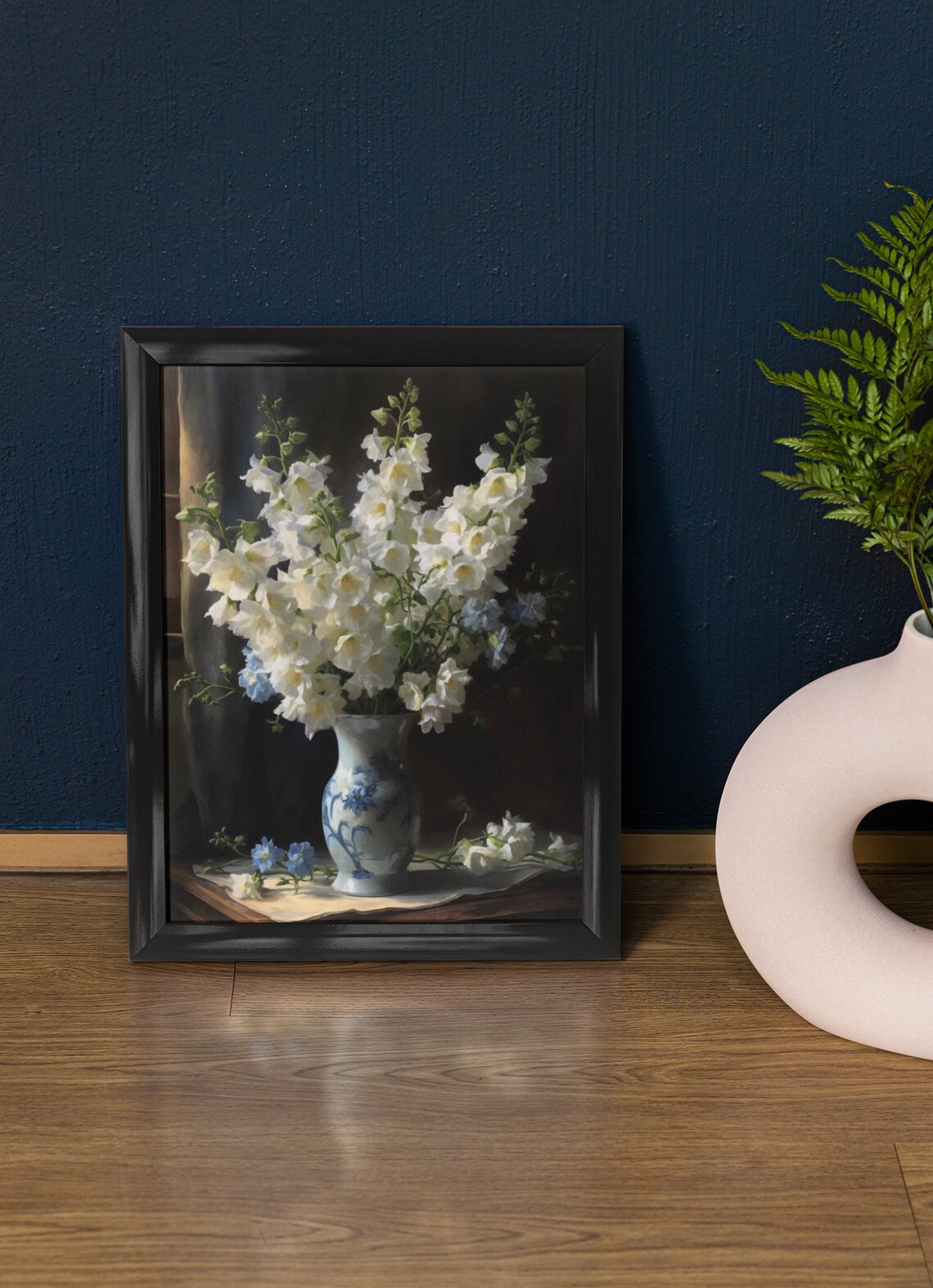 White Delphinium Bouquet Porcelain Vase Dark Still Life Poster