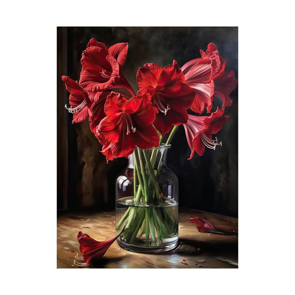 Red Amaryllis Bouquet Dark Still Life Wooden Table Flower Art Print - Image 4