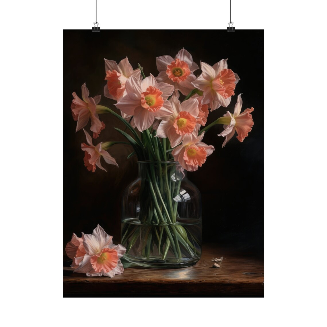 Pink Daffodil Bouquet Soft Blush Stems Glass Vase Still Life Poster - Image 5