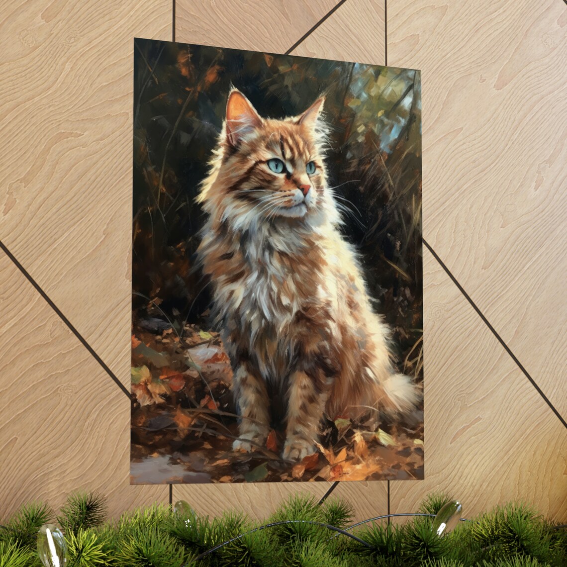 Longhaired Brown Tabby Cat Green Eyes Autumn Leaves Portrait Poster - Image 2