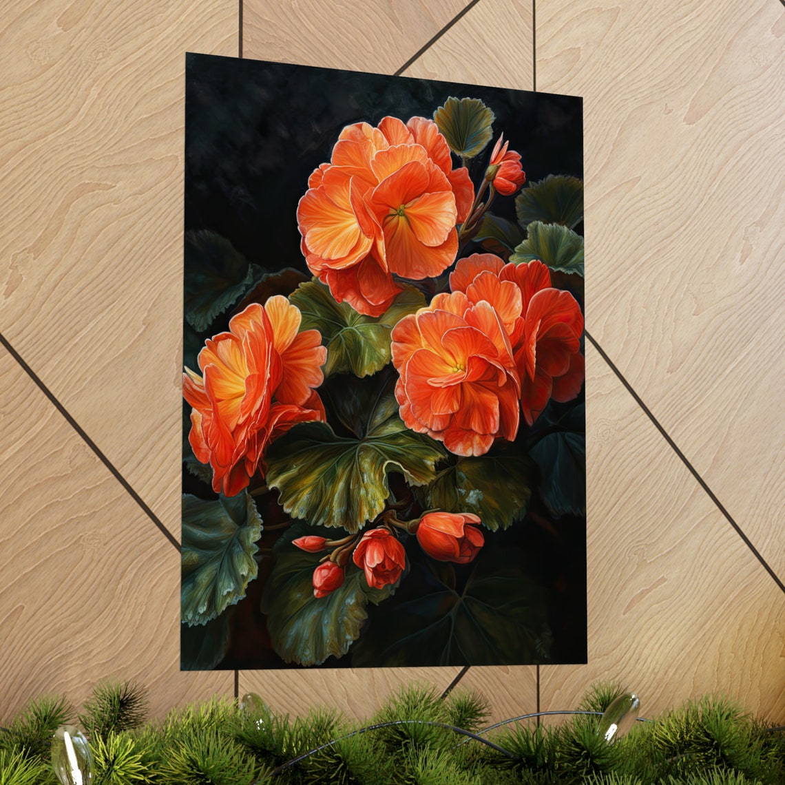 Orange Begonia Bright Bloom Cluster Deep Green Leaves Floral Poster - Image 2