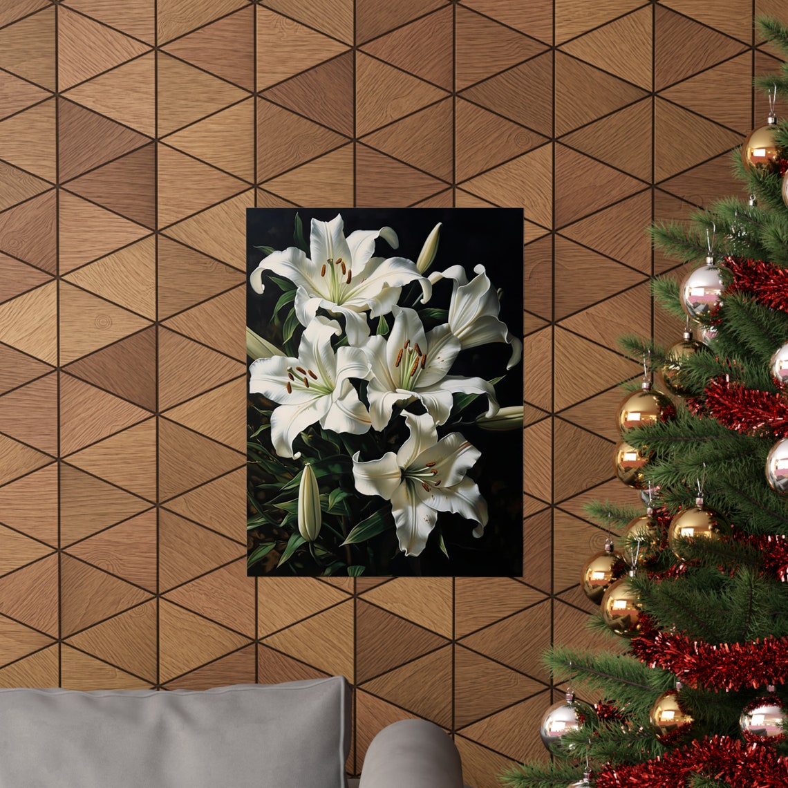 White Lily Blooms Dramatic Dark Botanical Floral Wall Art Print - Image 3