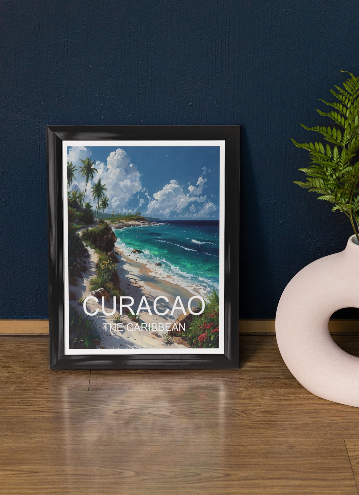 Curacao Caribbean Beach Cove Palm Trees Turquoise Water Travel Poster