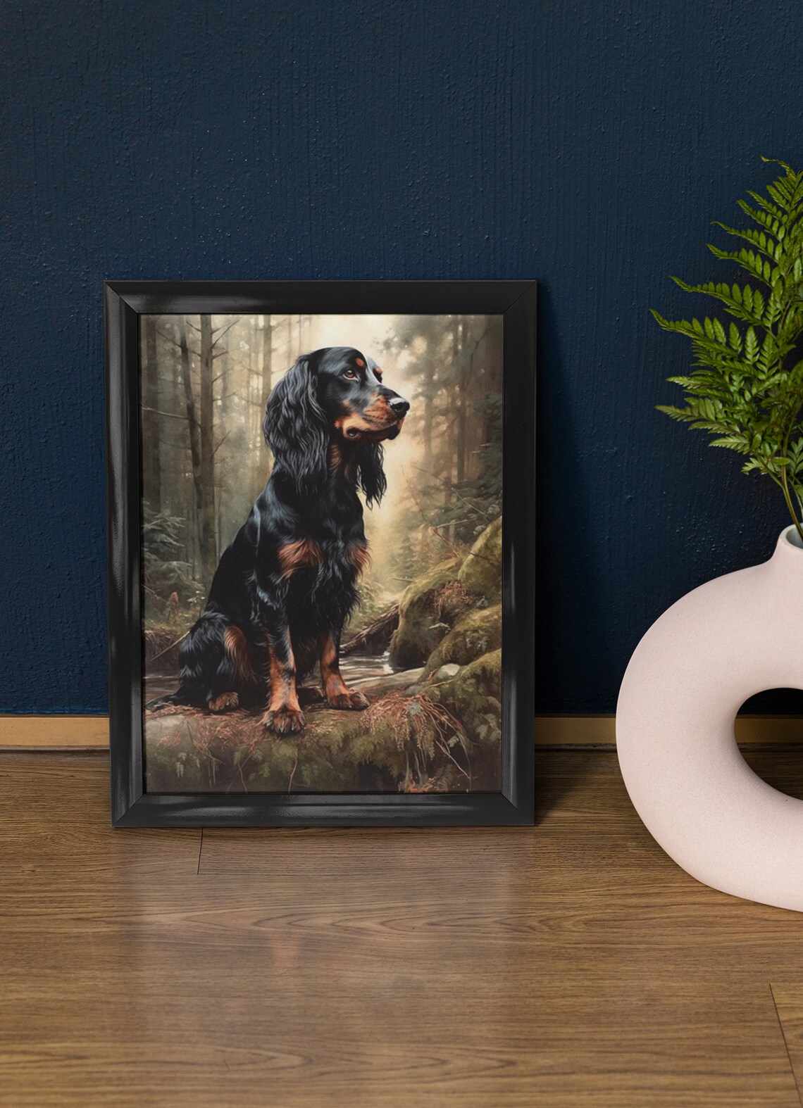 Gordon Setter Black Tan Dog Misty Forest Watercolor Portrait Poster