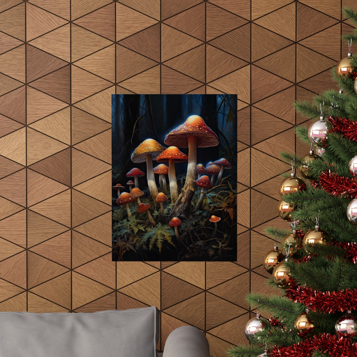 Tall Glowing Fly Agaric Mushrooms In Midnight Forest Night Art Poster - Image 3