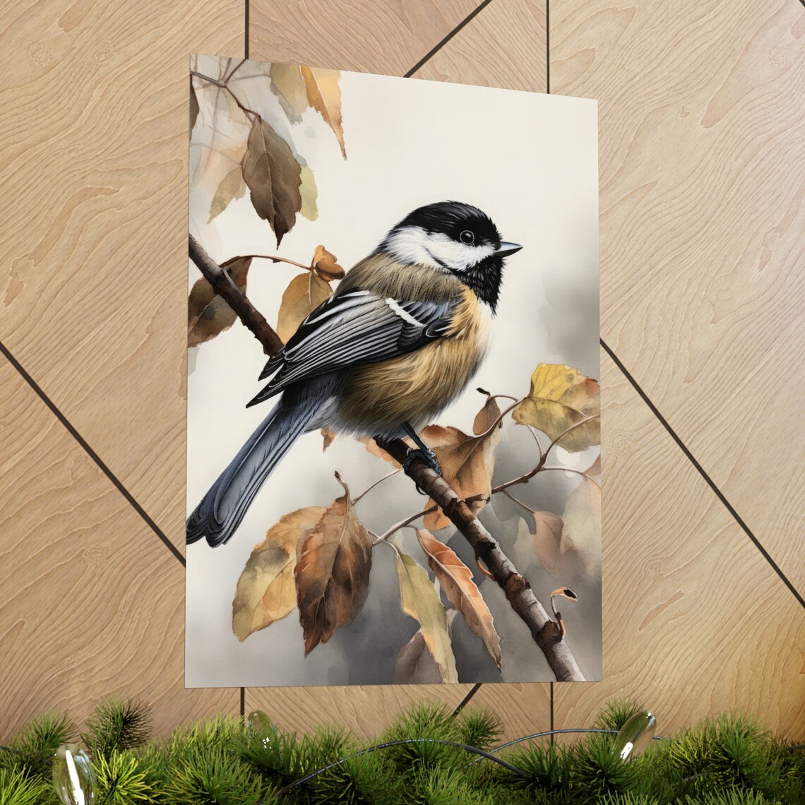 Chickadee Bird Branch Autumn Leaves Watercolor Wildlife Art Print - Image 2