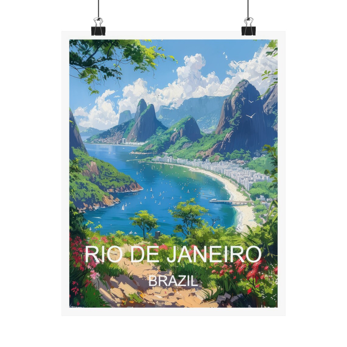 Rio de Janeiro Brazil Curved Beach Green Mountains Travel Poster - Image 4