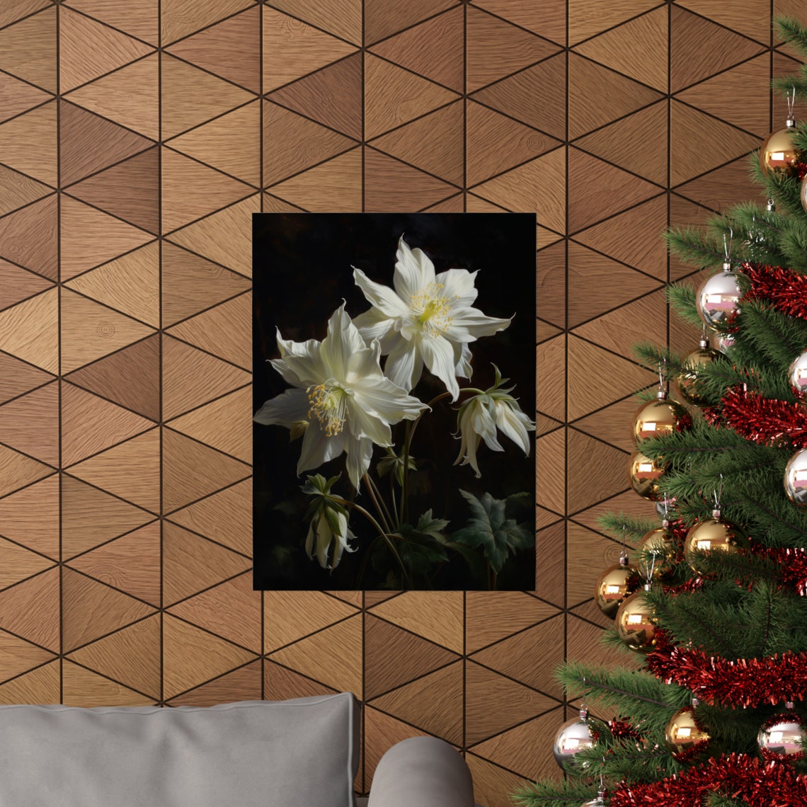 White Columbine Delicate Blooms Yellow Centers Dark Floral Poster - Image 3