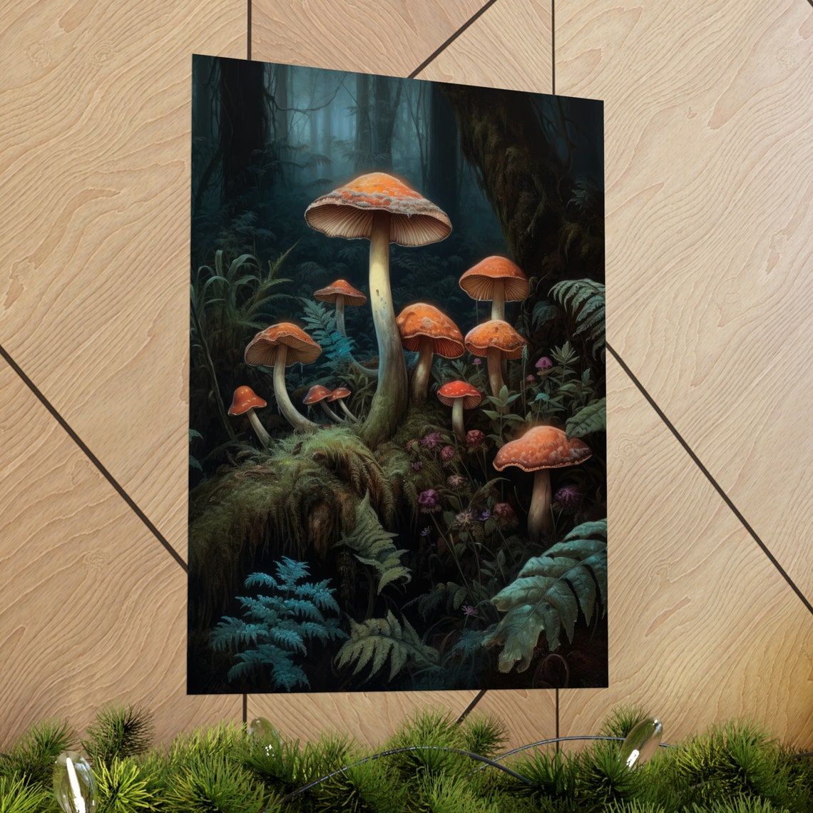 Gothic Red Cap Mushrooms Dark Teal Forest Floor Witchy Art Poster - Image 2