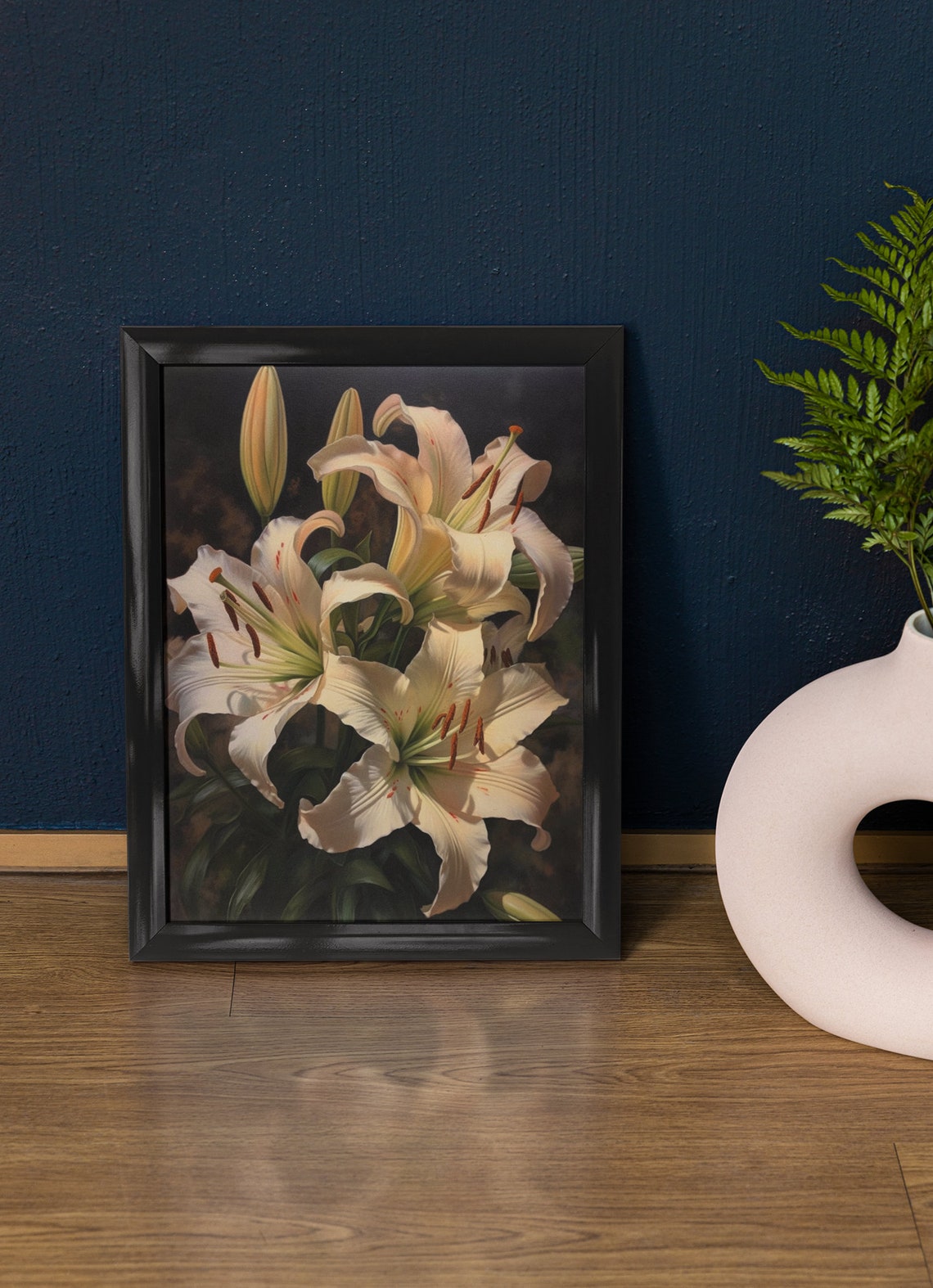 Cream Lily Blossoms Soft Ivory Elegant Dark Botanical Art Print