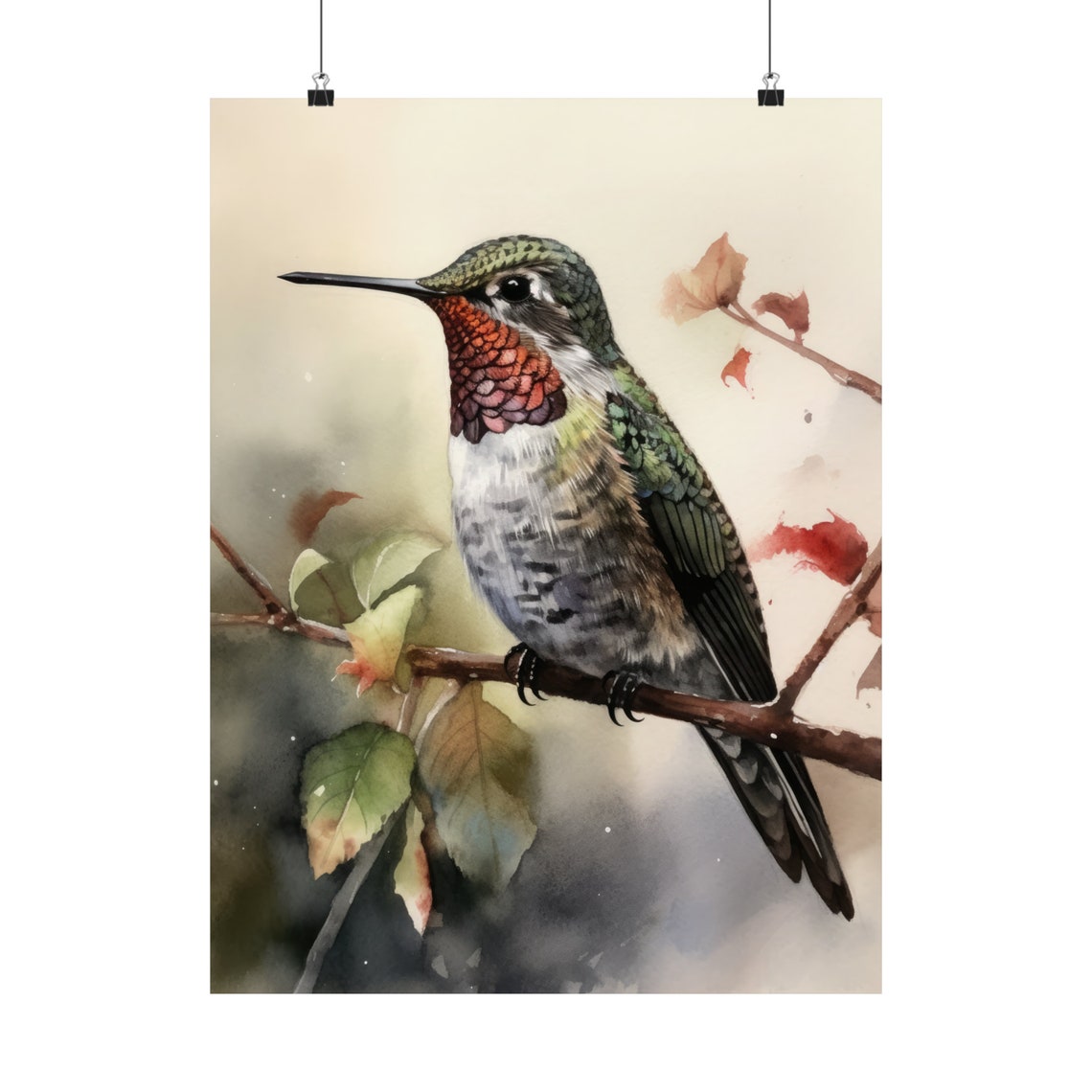 Annas Hummingbird Perched Red Gorget Watercolor Bird Portrait Poster - Image 5