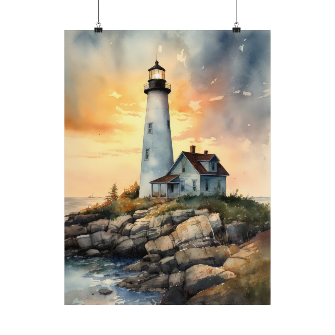 Tall White Lighthouse Keepers House Rocky Coast Sunset Wall Art - Image 5