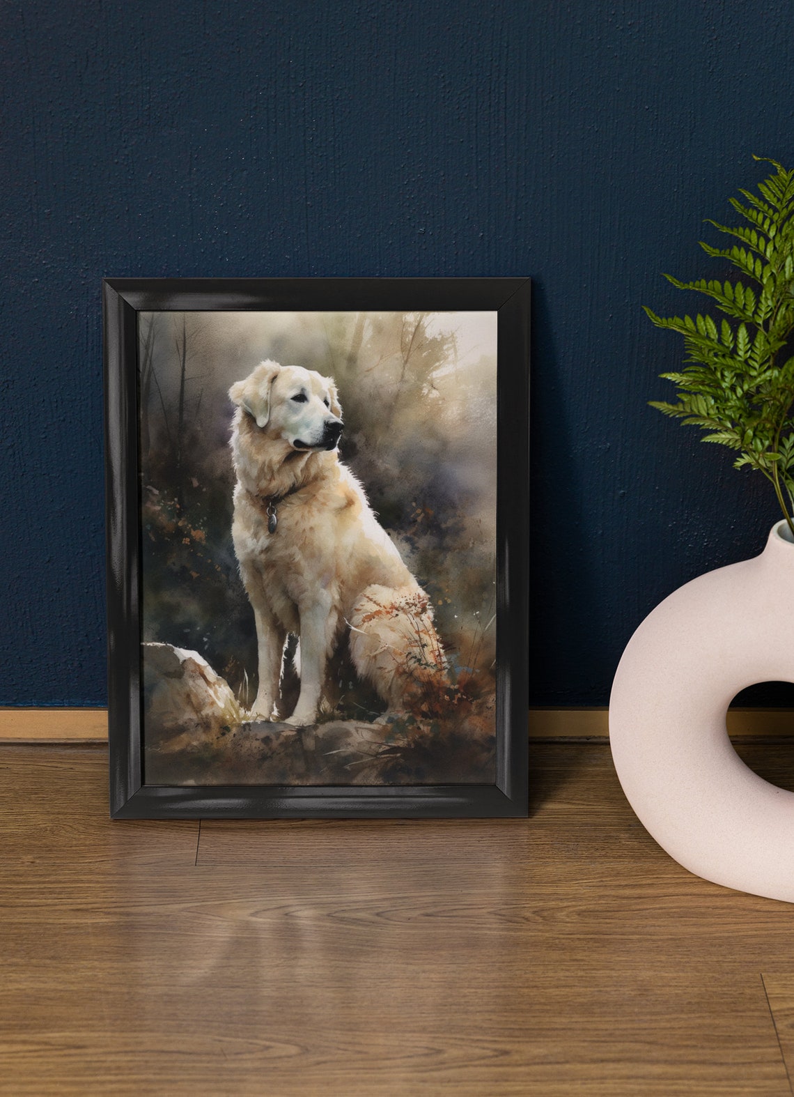 Kuvasz White Fluffy Dog Sitting Autumn Forest Watercolor Poster