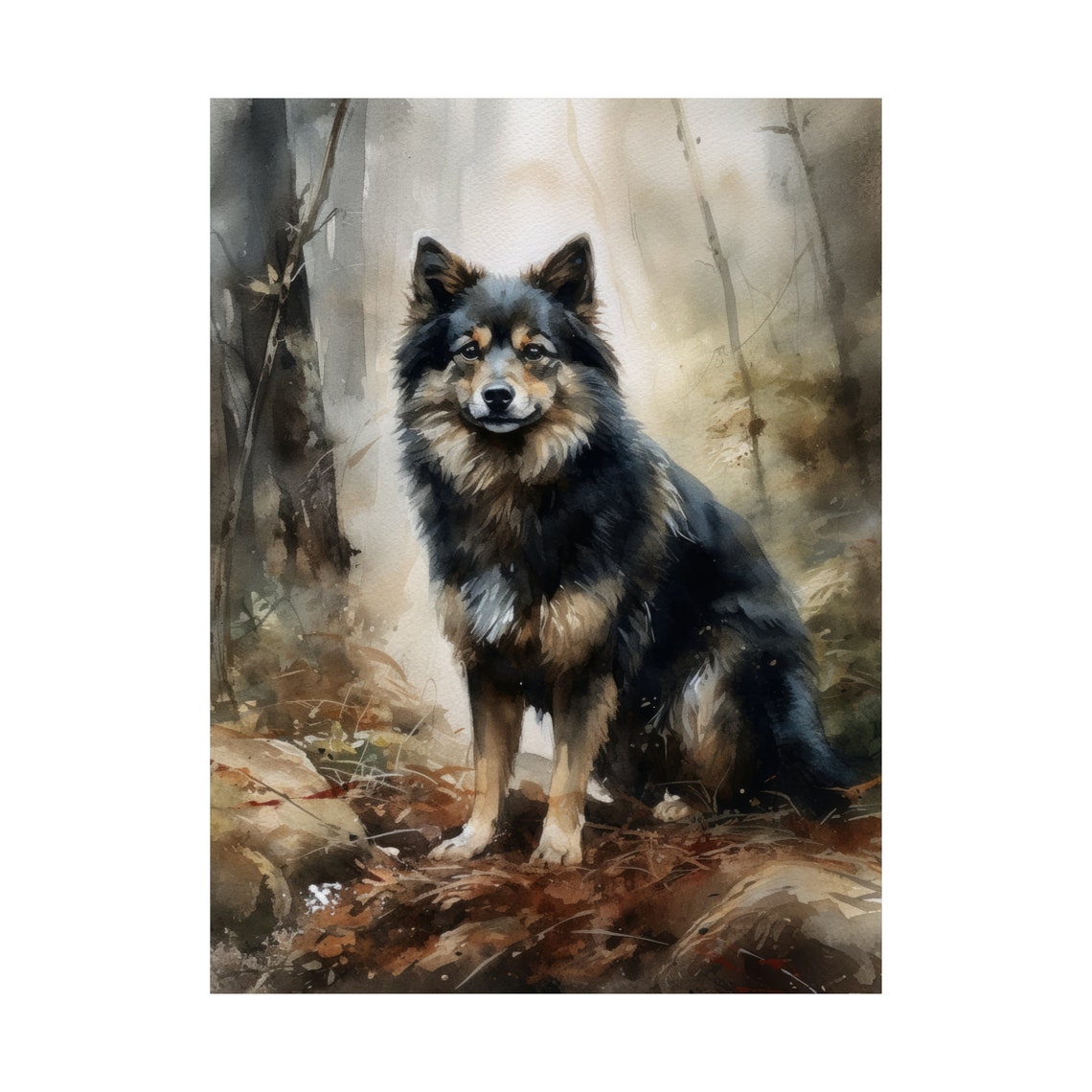 Finnish Lapphund Watercolor Portrait Sitting In Autumn Woods Art Print - Image 4