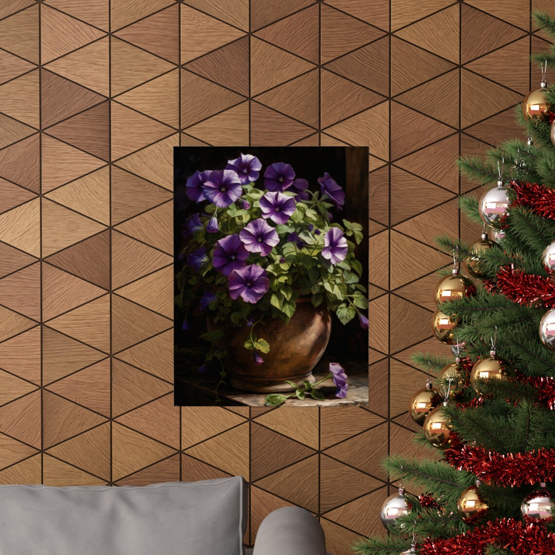 Purple Petunias Copper Pot Dark Moody Floral Still Life Art Poster - Image 3