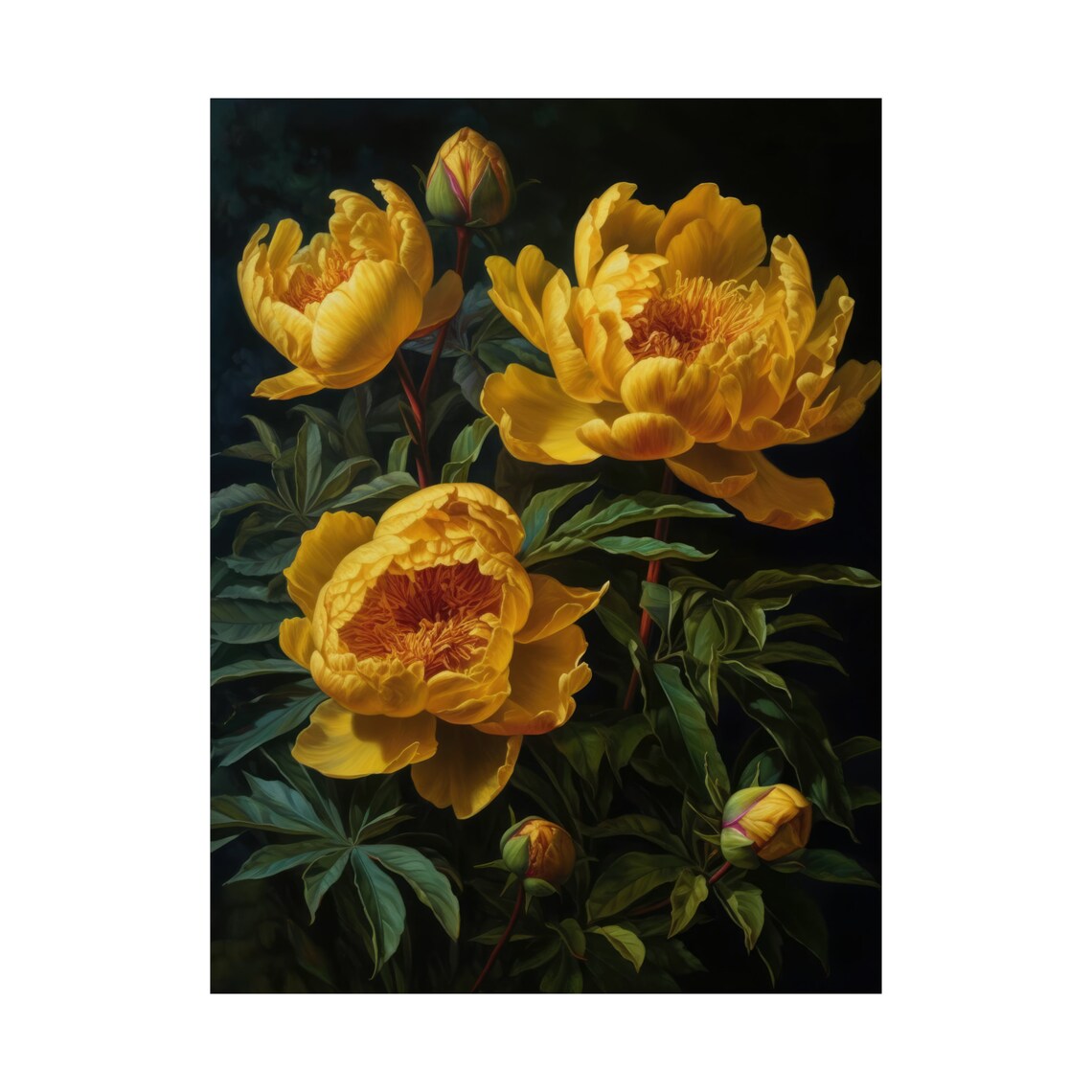 Yellow Peony Flower Golden Blooms Dark Background Botanical Art Poster - Image 4