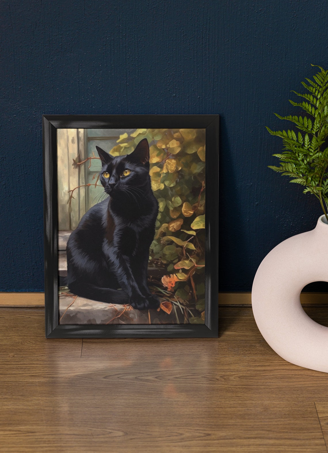 Bombay Black Cat Golden Eyes Leafy Garden Portrait Art Poster