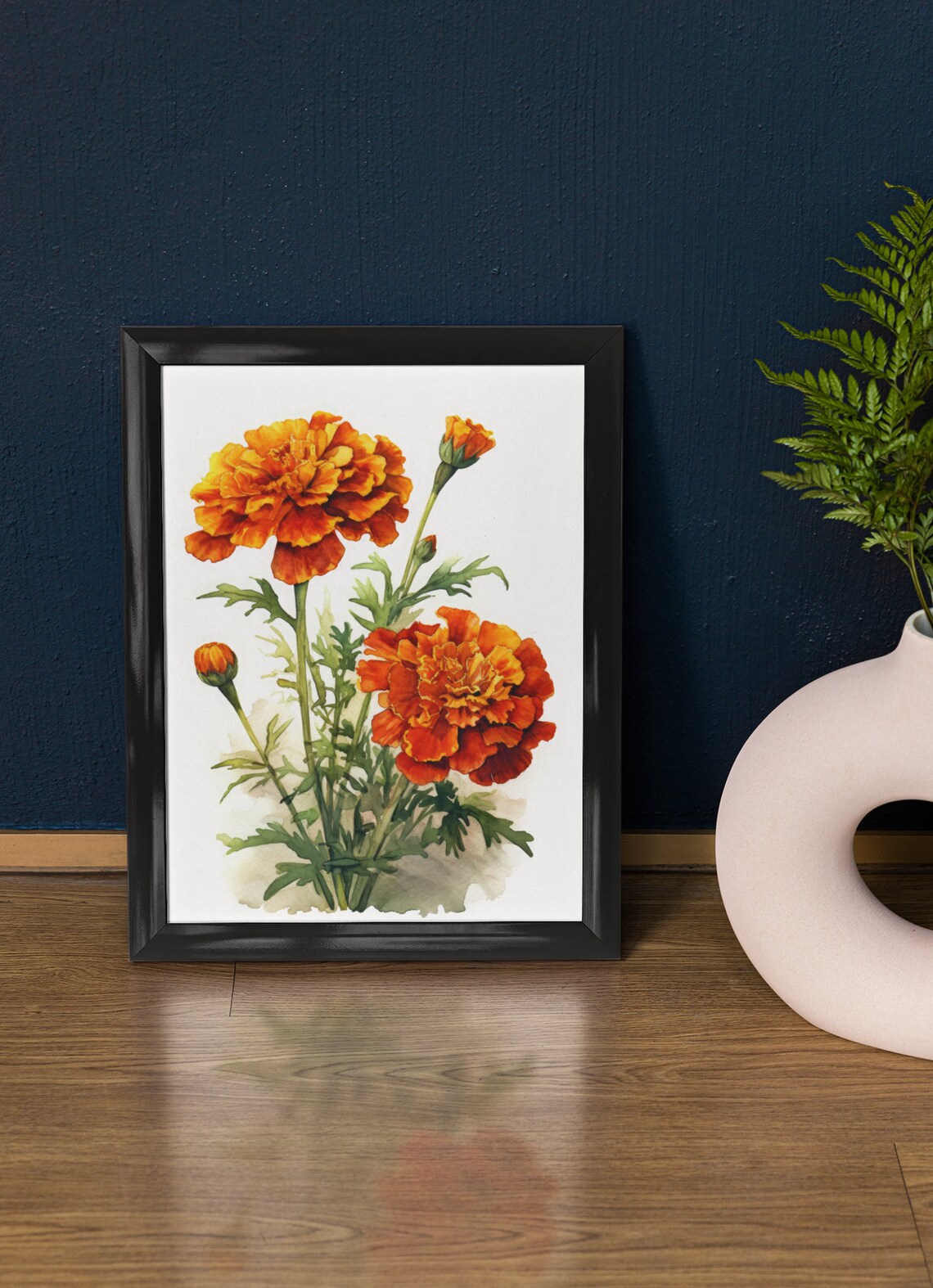Orange Marigold Blooms Watercolor Botanical Floral Fine Art Poster