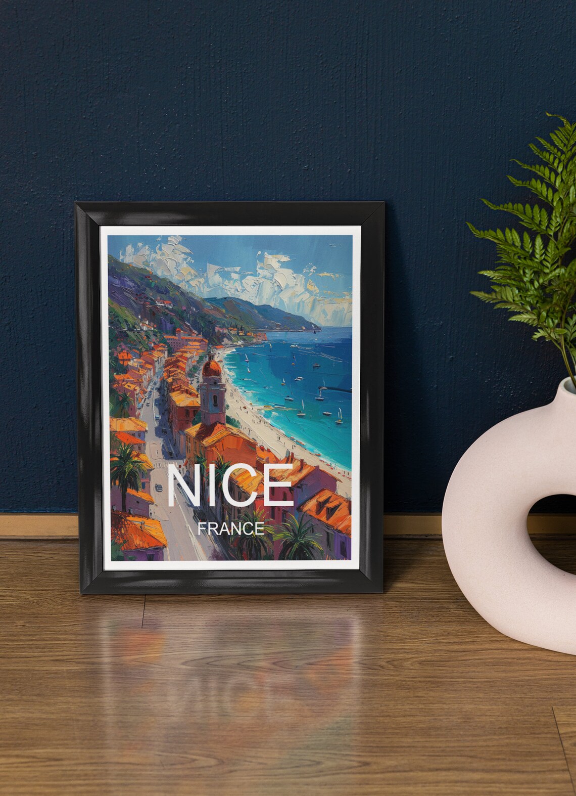 Nice France Beach Promenade Red Rooftops Aerial View Travel Poster
