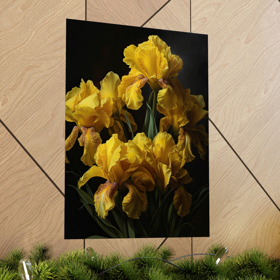 Golden Yellow Iris Blossoms Cluster Dark Moody Floral Wall Art Print - Image 2