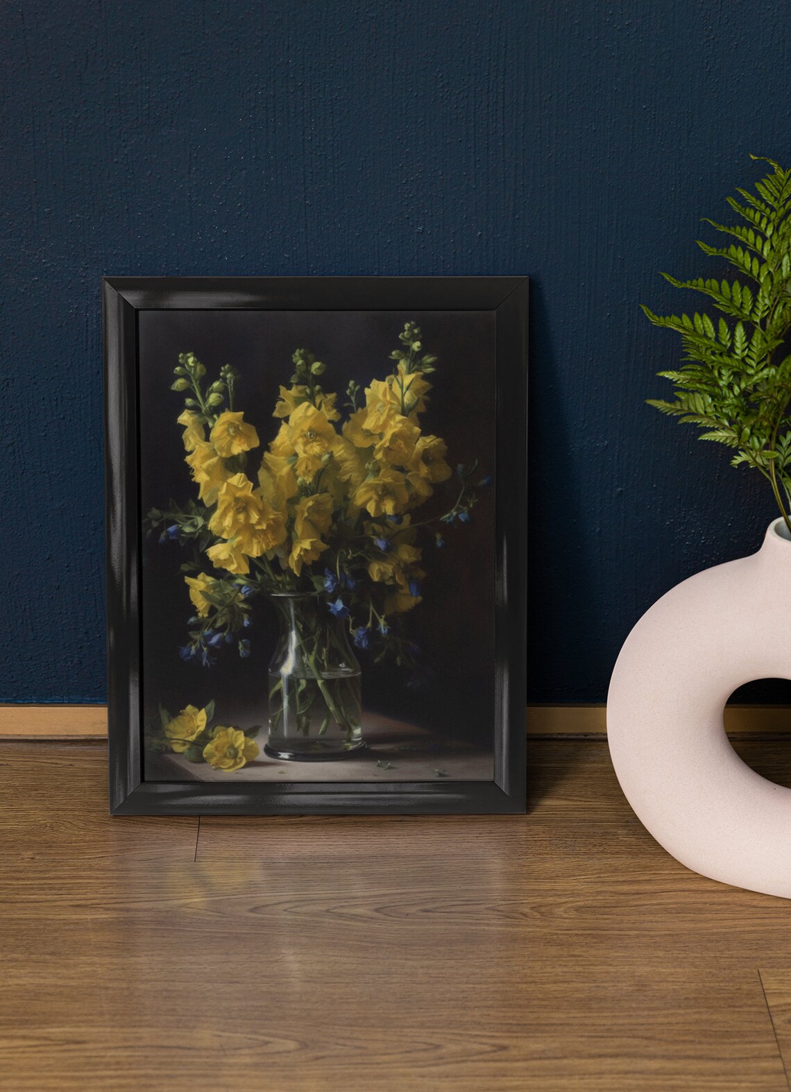 Yellow Delphinium Tall Spikes Glass Vase Dark Still Life Poster