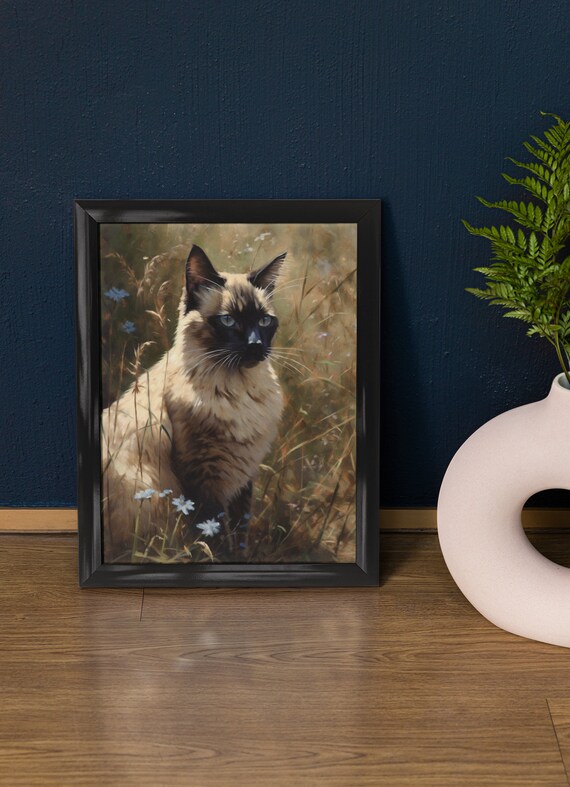 Balinese Seal Point Cat Blue Eyes Meadow Wildflowers Portrait Poster