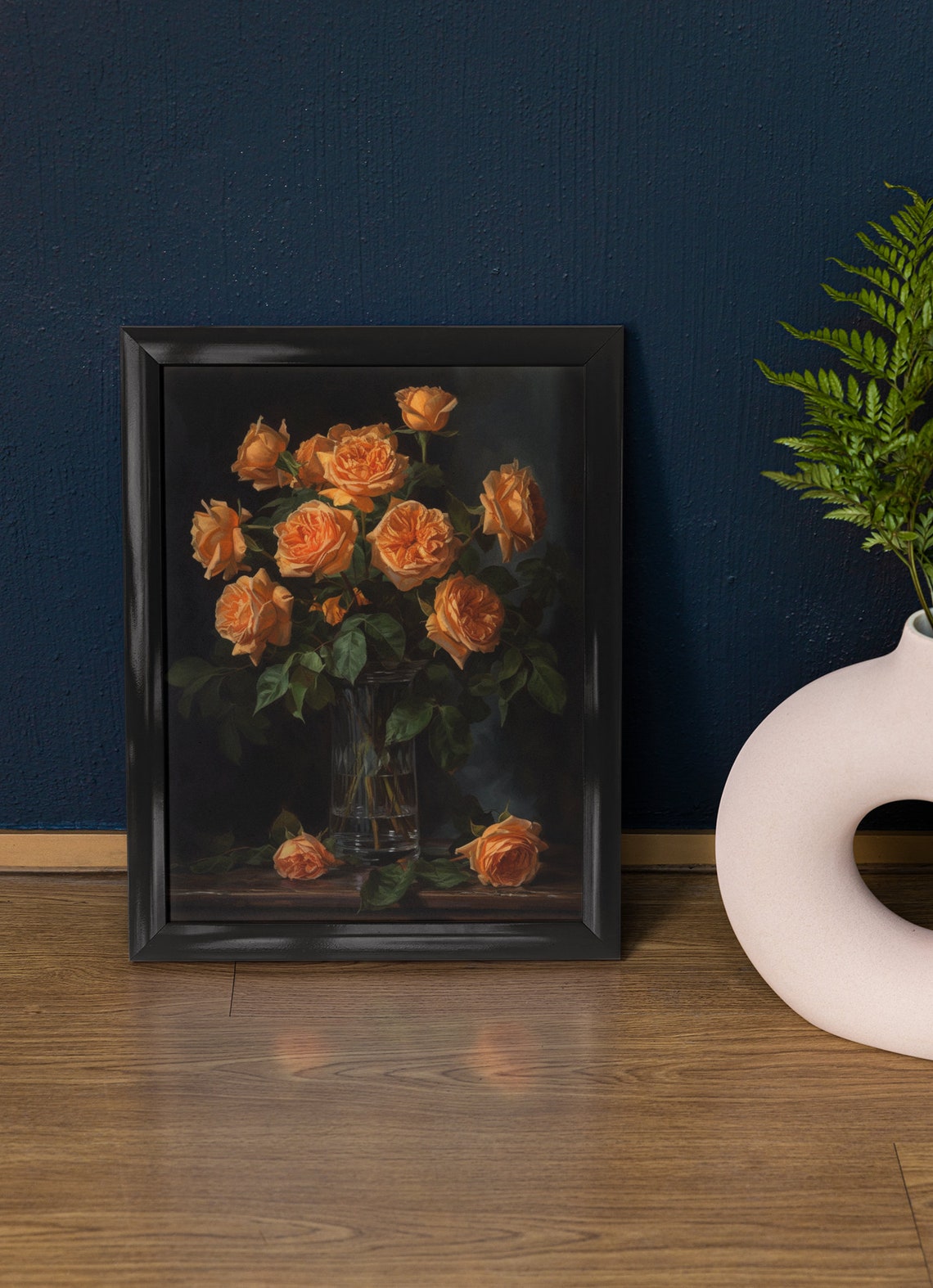 Orange Roses In Glass Vase Dark Background Still Life Art Print