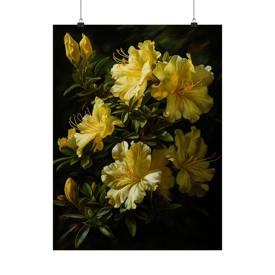Pale Yellow Azalea Delicate Petals Dark Shrub Floral Wall Art Poster - Image 5