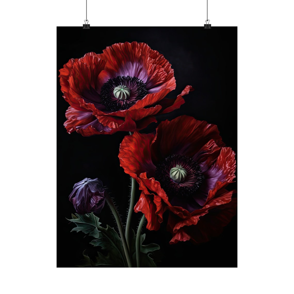 Oriental Poppy Flowers Deep Red Dark Moody Botanical Art Print - Image 5