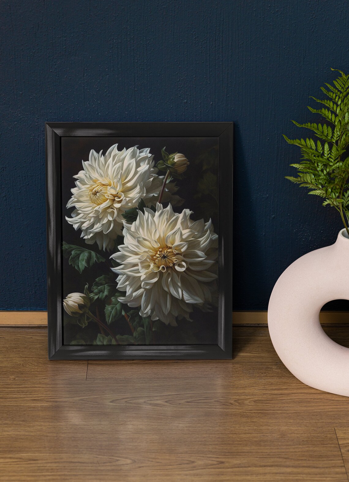 White Dahlia Blossoms Elegant Dark Floral Botanical Wall Art Print