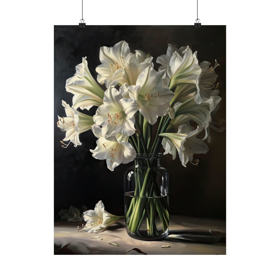 White Amaryllis Bouquet Dark Still Life Glass Vase Flower Art Print - Image 5