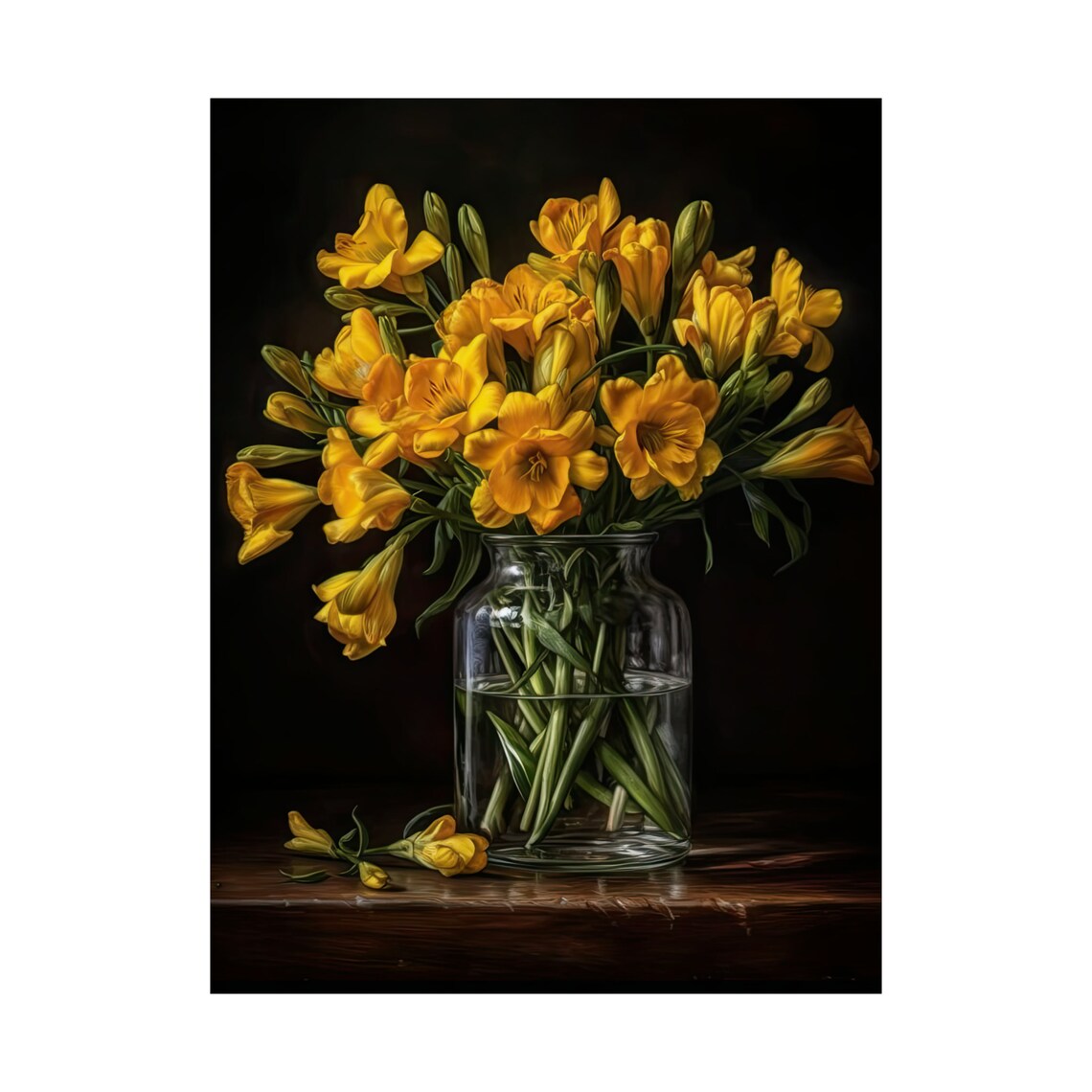 Sunny Yellow Freesia Bouquet Glass Vase Dark Moody Still Life Poster - Image 4