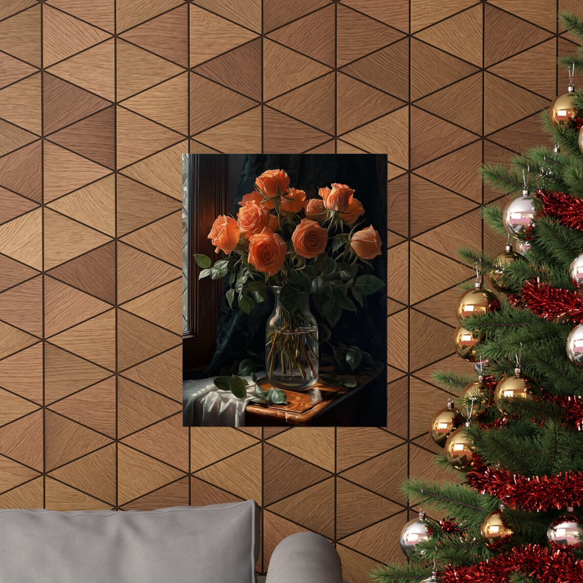Orange Rose Bouquet Fiery Warm Blooms Dark Still Life Art Poster - Image 3