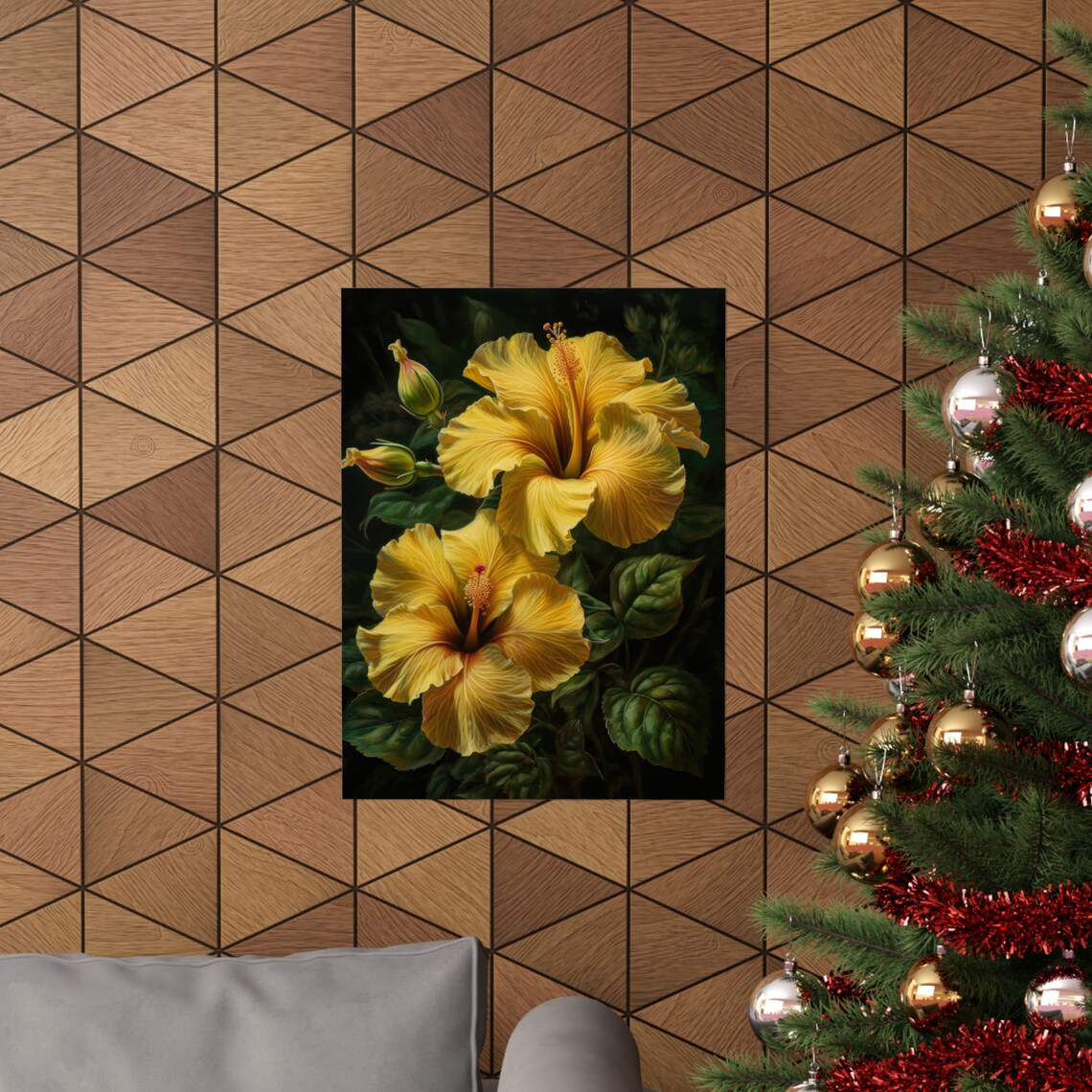 Yellow Hibiscus Blooms Dark Tropical Floral Painting Fine Art Poster - Image 3