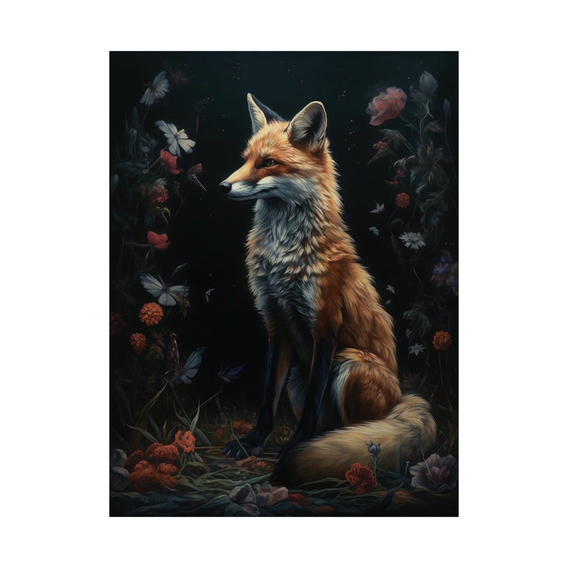 Red Fox Sitting In Profile With Butterflies In Dark Floral Art Poster - Image 4