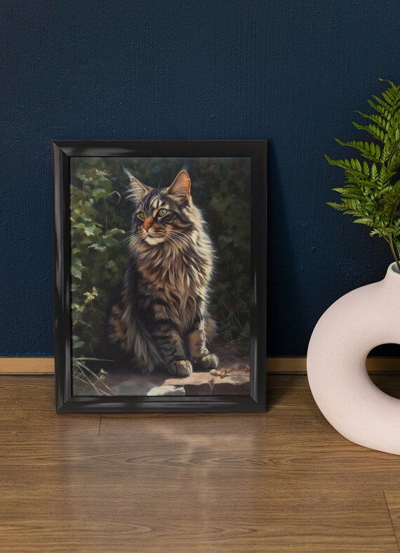 Maine Coon Cat Longhair Tabby Sitting By Garden Wall Sunlit Portrait Print